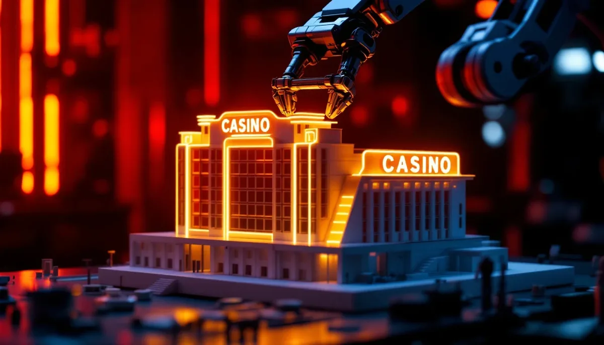 Robotic arm assembling a model casino — turnkey casino creation