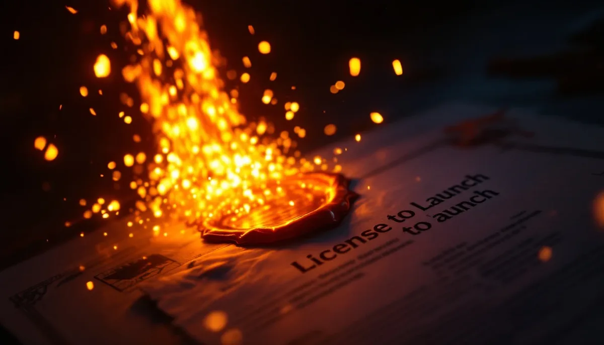 Sealed licence document with a rocket trail — licence to launch